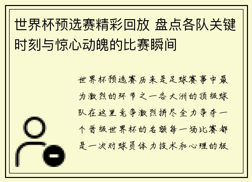 世界杯预选赛精彩回放 盘点各队关键时刻与惊心动魄的比赛瞬间